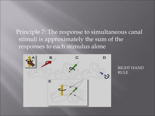 Principle 7: The response to simultaneous canal
stimuli is approximately the sum of the
responses to each stimulus alone
RIGHT HAND
RULE
 