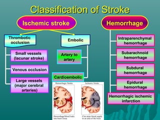 Classification of StrokeClassification of Stroke
Ischemic stroke
Large vessels
(major cerebral
arteries)
Small vessels
(lacunar stroke)
Venous occlusion
Cardioembolic
Artery to
artery
Thrombotic
occlusion
Embolic
Hemorrhage
Epidural
hemorrhage
Hemorrhagic ischemic
infarction
Subdural
hemorrhage
Subarachnoid
hemorrhage
Intraparenchymal
hemorrhage
 