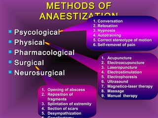 1.1. Opening of abscessOpening of abscess
2.2. Reposition ofReposition of
fragmentsfragments
3.3. Splintation of extremitySplintation of extremity
4.4. Section of scarsSection of scars
5.5. DesympathizationDesympathization
1.1. AcupunctureAcupuncture
2.2. ElectroacupunctureElectroacupuncture
3.3. LaseropunctureLaseropuncture
4.4. ElectrostimulationElectrostimulation
5.5. ElectrophoresisElectrophoresis
6.6. UltrasoundUltrasound
7.7. Magnetico-laserMagnetico-laser therapytherapy
8.8. MassageMassage
9.9. ManualManual therapytherapy
METHODS OFMETHODS OF
ANAESTIZATIONANAESTIZATION
 PsycologicalPsycological
 PhysicalPhysical
 PharmacologicalPharmacological
 SurgicalSurgical
 NeurosurgicalNeurosurgical
1.1. ConversationConversation
2.2. RelaxationRelaxation
3.3. HypnosisHypnosis
4.4. AutotrainingAutotraining
5.5. CorrectCorrect stereotypestereotype of motionof motion
6.6. Self-removel of painSelf-removel of pain
 