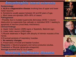 Stephen Hawking's
EpidemiologyEpidemiology
a. ALS is a degenerative disease involving loss of upper and lower
motor neurons.
b. Symptoms usually appear between 40 and 60 years of age.
c. Most cases are sporadic (90%–95% of cases).
PathogenesisPathogenesis
• Possibly due to mutated superoxide dismutase (SOD) 1 (neuron
destruction by superoxide free radicals) or misfolded SOD 1 leading to
apoptosis of neurons (most likely mechanism)
Clinical findingsClinical findings
a. Upper motor neuron (UMN) signs  Spasticity, Babinski sign;
b. Lower motor neuron (LMN) signs:
1) Muscle weakness  Begins with atrophy of intrinsic muscles of the
hands;
2) Eventual paralysis of respiratory muscles.
c. No sensory changes.
d. Preservation of bowel and bladder function.
DiagnosisDiagnosis  Electromyography and nerve conduction studies.
TreatmentTreatment  Riluzole (glutamate antagonist).
Average survivalAverage survival time is 3 to 5 years.
Lower motor neuron disease that occurs in children.
 