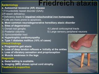 EpidemiologyEpidemiology
a. Autosomal recessive (AR) disease
1)Trinucleotide repeat disorder (GAA);
2)Frataxin deficiency:
Deficiency leads to impaired mitochondrial iron homeostasis.
Cells are more prone to apoptosis.
b. Most common neurodegenerative hereditary ataxic disorder
c. Sites of degeneration:
1) Dorsal root ganglia; 4) Lateral corticospinal tracts
2) Posterior columns 5) Large sensory peripheral neurons
3) Spinocerebellar tract
d. Hypertrophic cardiomyopathy
e. Type 1 diabetes mellitus (10% of cases)
Clinical findingsClinical findings
a. Progressive gait ataxia
b. Loss of deep tendon reflexes  Initially at the ankles
c. Loss of vibratory sensation and proprioception
d. Muscle weakness in the legs
DiagnosisDiagnosis
a. Gene testing is available.
b. Imaging (MRI) shows spinal cord atrophy.
Treatment is supportive.Treatment is supportive.
 