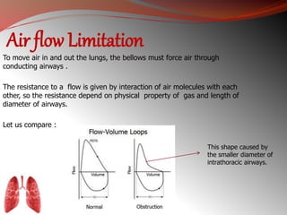 Air flow Limitation 
To move air in and out the lungs, the bellows must force air through 
conducting airways . 
The resistance to a flow is given by interaction of air molecules with each 
other, so the resistance depend on physical property of gas and length of 
diameter of airways. 
Let us compare : 
This shape caused by 
the smaller diameter of 
intrathoracic airways. 
 