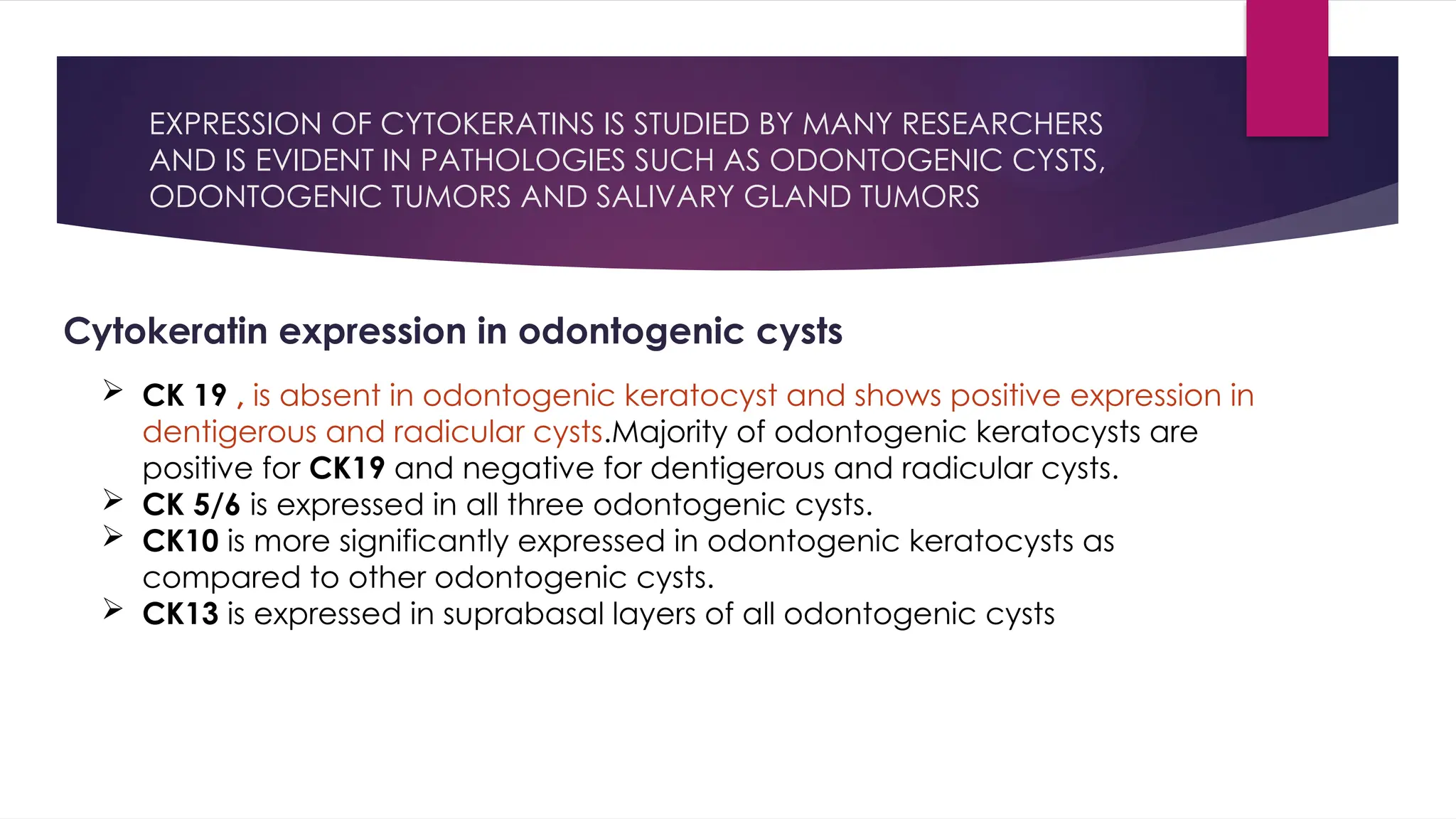 EXPRESSION OF CYTOKERATINS IS STUDIED BY MANY RESEARCHERS
AND IS EVIDENT IN PATHOLOGIES SUCH AS ODONTOGENIC CYSTS,
ODONTOGENIC TUMORS AND SALIVARY GLAND TUMORS
Cytokeratin expression in odontogenic cysts
 CK 19 , is absent in odontogenic keratocyst and shows positive expression in
dentigerous and radicular cysts.Majority of odontogenic keratocysts are
positive for CK19 and negative for dentigerous and radicular cysts.
 CK 5/6 is expressed in all three odontogenic cysts.
 CK10 is more significantly expressed in odontogenic keratocysts as
compared to other odontogenic cysts.
 CK13 is expressed in suprabasal layers of all odontogenic cysts
 