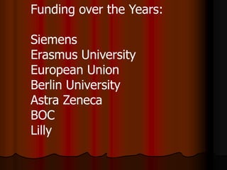 Funding over the Years:

Siemens
Erasmus University
European Union
Berlin University
Astra Zeneca
BOC
Lilly
 