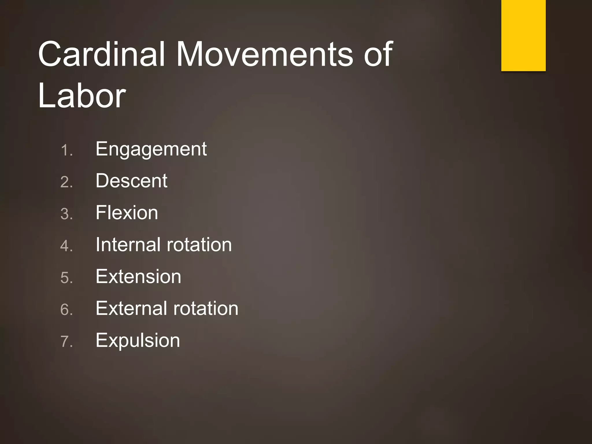 Cardinal Movements of
Labor
1. Engagement
2. Descent
3. Flexion
4. Internal rotation
5. Extension
6. External rotation
7. Expulsion
 