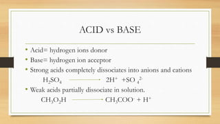ACID vs BASE
• Acid= hydrogen ions donor
• Base= hydrogen ion acceptor
• Strong acids completely dissociates into anions and cations
H2SO4 2H+ +SO 4
2-
• Weak acids partially dissociate in solution.
CH3O2H CH3COO- + H+
 