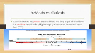 Acidosis vs alkalosis
• Acidosis refers to any process that would lead to a drop in pH while acidemia
is a condition in which the pH( plasma pH) is lower than the normal lower
limit (7.35).
 