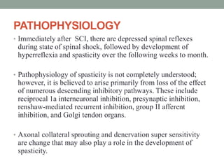 PATHOPHYSIOLOGY
• Immediately after SCI, there are depressed spinal reflexes
during state of spinal shock, followed by development of
hyperreflexia and spasticity over the following weeks to month.
• Pathophysiology of spasticity is not completely understood;
however, it is believed to arise primarily from loss of the effect
of numerous descending inhibitory pathways. These include
reciprocal 1a interneuronal inhibition, presynaptic inhibition,
renshaw-mediated recurrent inhibition, group II afferent
inhibition, and Golgi tendon organs.
• Axonal collateral sprouting and denervation super sensitivity
are change that may also play a role in the development of
spasticity.
 