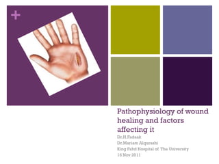 +
Pathophysiology of wound
healing and factors
affecting it
Dr.H.Fadaak
Dr.Mariam Alqurashi
King Fahd Hospital of The University
16 Nov 2011
 
