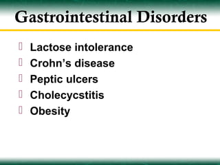 Gastrointestinal Disorders
   Lactose intolerance
   Crohn’s disease
   Peptic ulcers
   Cholecycstitis
   Obesity
 