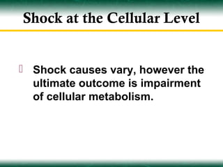 Shock at the Cellular Level


 Shock causes vary, however the
  ultimate outcome is impairment
  of cellular metabolism.
 
