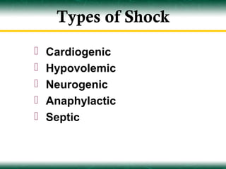 Types of Shock
   Cardiogenic
   Hypovolemic
   Neurogenic
   Anaphylactic
   Septic
 