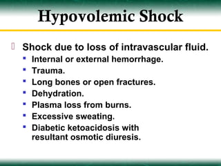 Hypovolemic Shock
 Shock due to loss of intravascular fluid.
     Internal or external hemorrhage.
     Trauma.
     Long bones or open fractures.
     Dehydration.
     Plasma loss from burns.
     Excessive sweating.
     Diabetic ketoacidosis with
      resultant osmotic diuresis.
 