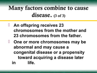 Many factors combine to cause
        disease. (3 of 3)
 An offspring receives 23
   chromosomes from the mother and
   23 chromosomes from the father.
 One or more chromosomes may be
   abnormal and may cause a
   congenital disease or a propensity
     toward acquiring a disease later
  in     life.
 