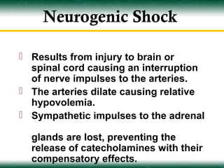Neurogenic Shock

 Results from injury to brain or
  spinal cord causing an interruption
  of nerve impulses to the arteries.
 The arteries dilate causing relative
  hypovolemia.
 Sympathetic impulses to the adrenal

  glands are lost, preventing the
  release of catecholamines with their
  compensatory effects.
 