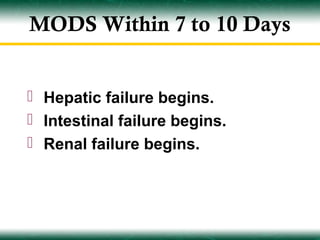 MODS Within 7 to 10 Days


 Hepatic failure begins.
 Intestinal failure begins.
 Renal failure begins.
 