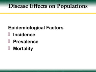 Disease Effects on Populations


Epidemiological Factors
 Incidence
 Prevalence
 Mortality
 