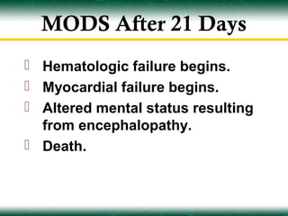 MODS After 21 Days
 Hematologic failure begins.
 Myocardial failure begins.
 Altered mental status resulting
  from encephalopathy.
 Death.
 