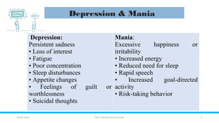 9
04/08/2026 TKCP WARANANAGAR
Depression & Mania
Depression:
Persistent sadness
• Loss of interest
• Fatigue
• Poor concentration
• Sleep disturbances
• Appetite changes
• Feelings of guilt or
worthlessness
• Suicidal thoughts
Mania:
Excessive happiness or
irritability
• Increased energy
• Reduced need for sleep
• Rapid speech
• Increased goal-directed
activity
• Risk-taking behavior
 
