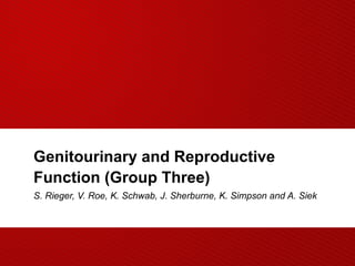Genitourinary and Reproductive
Function (Group Three)
S. Rieger, V. Roe, K. Schwab, J. Sherburne, K. Simpson and A. Siek
 