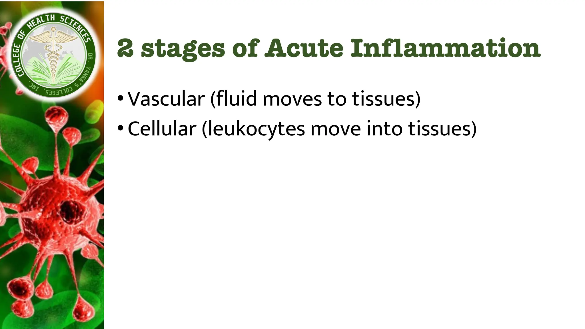 2 stages of Acute Inflammation
•Vascular (fluid moves to tissues)
•Cellular (leukocytes move into tissues)
 