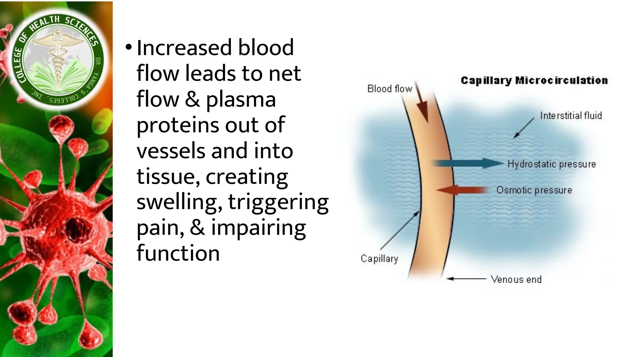 •Increased blood
flow leads to net
flow & plasma
proteins out of
vessels and into
tissue, creating
swelling, triggering
pain, & impairing
function
 