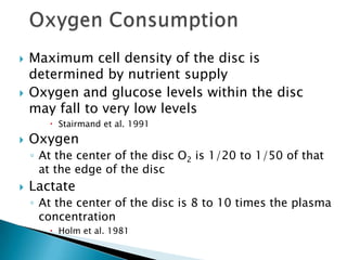  Maximum cell density of the disc is
determined by nutrient supply
 Oxygen and glucose levels within the disc
may fall to very low levels
 Stairmand et al. 1991
 Oxygen
◦ At the center of the disc O2 is 1/20 to 1/50 of that
at the edge of the disc
 Lactate
◦ At the center of the disc is 8 to 10 times the plasma
concentration
 Holm et al. 1981
 
