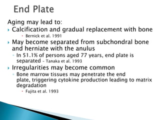 Aging may lead to:
 Calcification and gradual replacement with bone
 Bernick et al. 1991
 May become separated from subchondral bone
and herniate with the anulus
◦ In 51.1% of persons aged 77 years, end plate is
separated – Tanaka et al. 1993
 Irregularities may become common
◦ Bone marrow tissues may penetrate the end
plate, triggering cytokine production leading to matrix
degradation
 Fujita et al. 1993
 