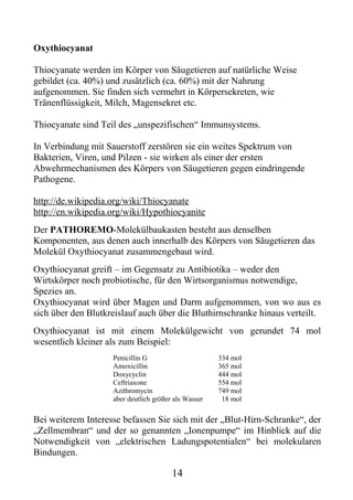 Oxythiocyanat

Thiocyanate werden im Körper von Säugetieren auf natürliche Weise
gebildet (ca. 40%) und zusätzlich (ca. 60%) mit der Nahrung
aufgenommen. Sie finden sich vermehrt in Körpersekreten, wie
Tränenflüssigkeit, Milch, Magensekret etc.

Thiocyanate sind Teil des „unspezifischen“ Immunsystems.

In Verbindung mit Sauerstoff zerstören sie ein weites Spektrum von
Bakterien, Viren, und Pilzen - sie wirken als einer der ersten
Abwehrmechanismen des Körpers von Säugetieren gegen eindringende
Pathogene.

http://de.wikipedia.org/wiki/Thiocyanate
http://en.wikipedia.org/wiki/Hypothiocyanite
Der PATHOREMO-Molekülbaukasten besteht aus denselben
Komponenten, aus denen auch innerhalb des Körpers von Säugetieren das
Molekül Oxythiocyanat zusammengebaut wird.
Oxythiocyanat greift – im Gegensatz zu Antibiotika – weder den
Wirtskörper noch probiotische, für den Wirtsorganismus notwendige,
Spezies an.
Oxythiocyanat wird über Magen und Darm aufgenommen, von wo aus es
sich über den Blutkreislauf auch über die Bluthirnschranke hinaus verteilt.
Oxythiocyanat ist mit einem Molekülgewicht von gerundet 74 mol
wesentlich kleiner als zum Beispiel:
                    Penicillin G                      334 mol
                    Amoxicillin                       365 mol
                    Doxycyclin                        444 mol
                    Ceftriaxone                       554 mol
                    Azithromycin                      749 mol
                    aber deutlich größer als Wasser   018 mol

Bei weiterem Interesse befassen Sie sich mit der „Blut-Hirn-Schranke“, der
„Zellmembran“ und der so genannten „Ionenpumpe“ im Hinblick auf die
Notwendigkeit von „elektrischen Ladungspotentialen“ bei molekularen
Bindungen.

                                        14
 