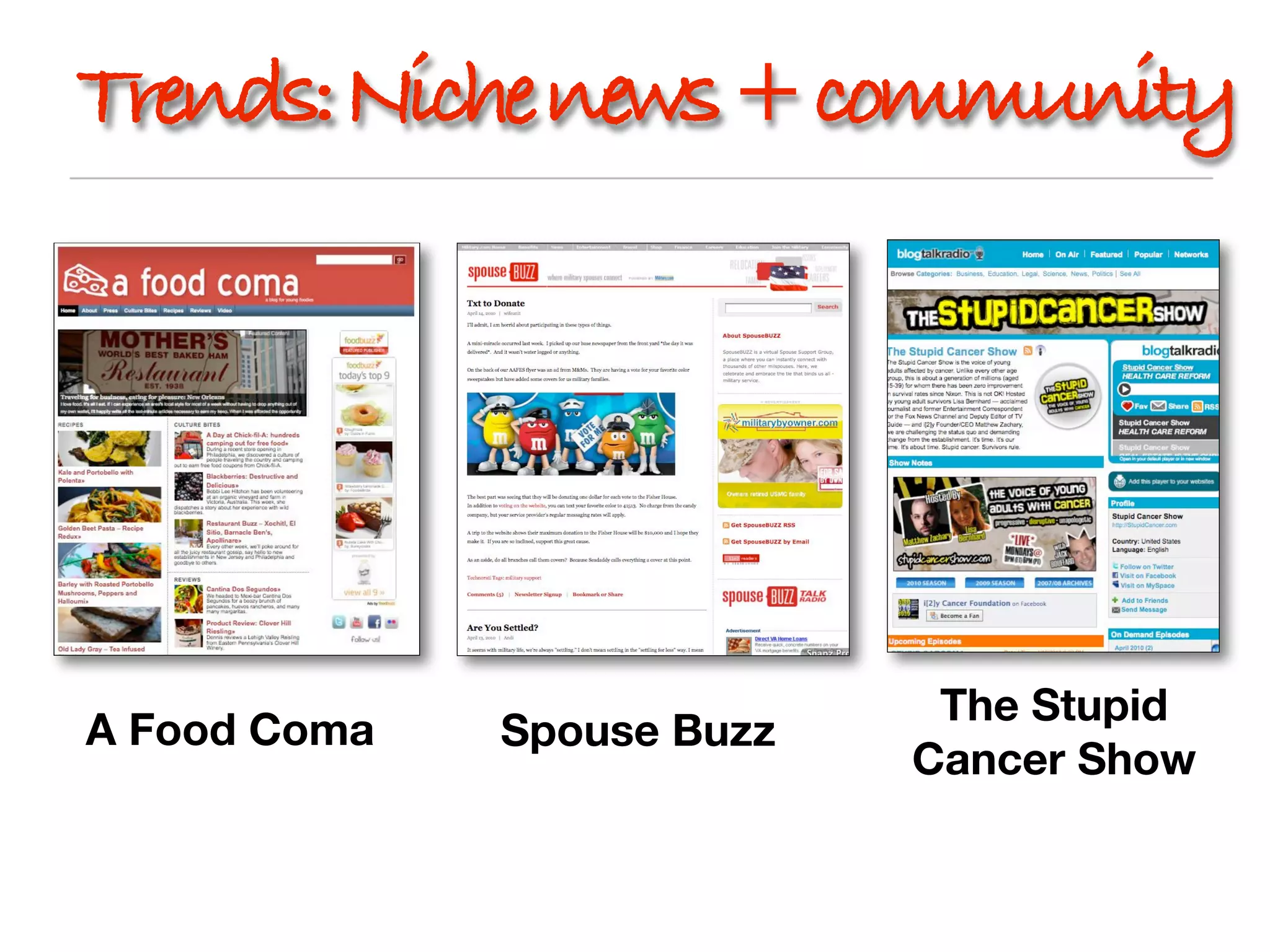 Trends: Niche news + community




                             The Stupid
A Food Coma   Spouse Buzz
                            Cancer Show
 