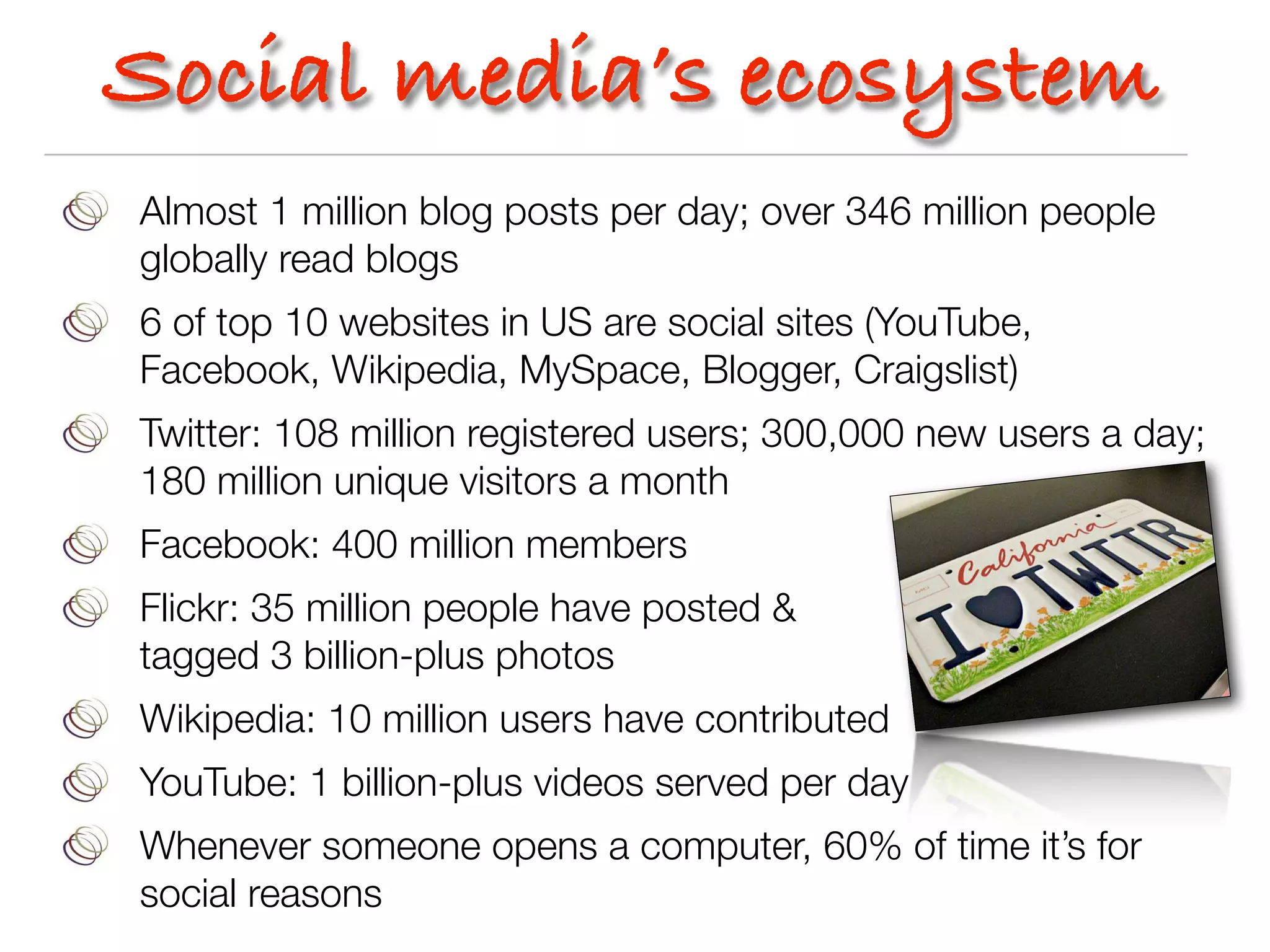 Social media’s ecosystem
Almost 1 million blog posts per day; over 346 million people
globally read blogs
6 of top 10 websites in US are social sites (YouTube,
Facebook, Wikipedia, MySpace, Blogger, Craigslist)
Twitter: 108 million registered users; 300,000 new users a day;
180 million unique visitors a month
Facebook: 400 million members
Flickr: 35 million people have posted &
tagged 3 billion-plus photos
Wikipedia: 10 million users have contributed
YouTube: 1 billion-plus videos served per day
Whenever someone opens a computer, 60% of time it’s for
social reasons
 