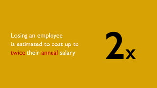 2x
Losing an employee
is estimated to cost up to
twice their annual salary
 