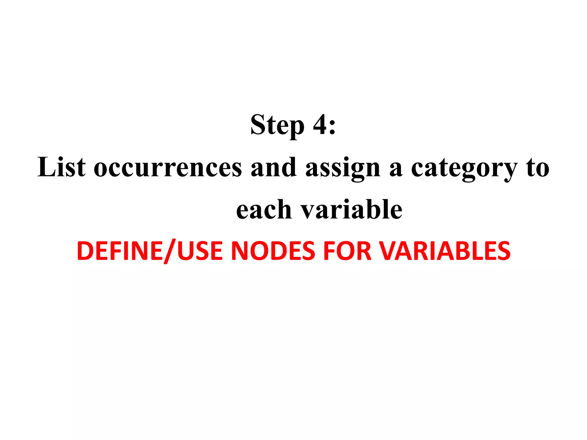 Step 4:
List occurrences and assign a category to
each variable
DEFINE/USE NODES FOR VARIABLES
 