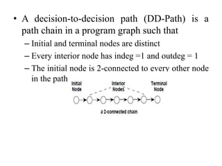 • A decision-to-decision path (DD-Path) is a
path chain in a program graph such that
– Initial and terminal nodes are distinct
– Every interior node has indeg =1 and outdeg = 1
– The initial node is 2-connected to every other node
in the path
 
