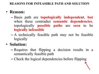 REASONS FOR INFEASIBLE PATH AND SOLUTION
• Reason:
– Basis path are topologically independent, but
when these contradict semantic dependencies,
topologically possible paths are seen to be
logically infeasible
– A technically feasible path may not be feasible
logically
• Solution:
– Requires that flipping a decision results in a
semantically feasible path
– Check the logical dependencies before flipping
 