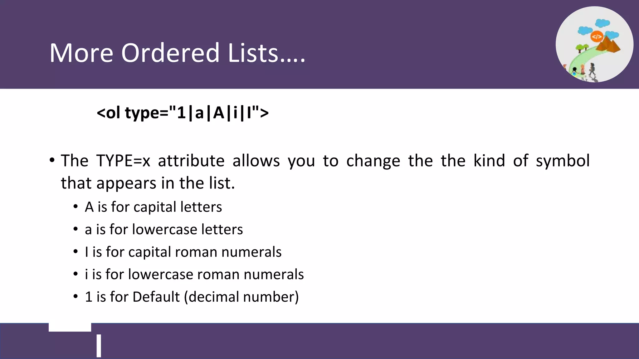 More Ordered Lists….
<ol type="1|a|A|i|I">
• The TYPE=x attribute allows you to change the the kind of symbol
that appears in the list.
• A is for capital letters
• a is for lowercase letters
• I is for capital roman numerals
• i is for lowercase roman numerals
• 1 is for Default (decimal number)
 