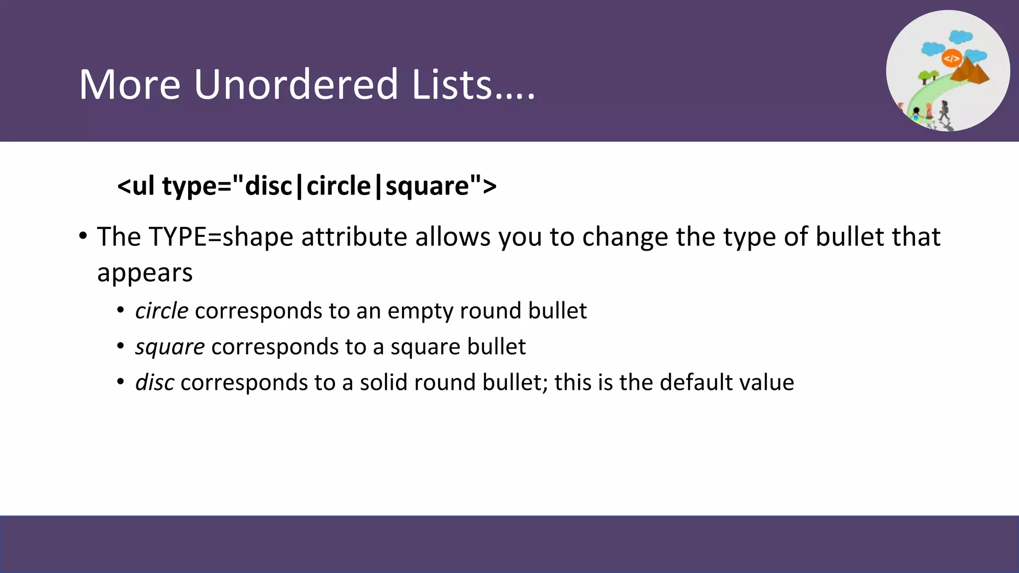 More Unordered Lists….
<ul type="disc|circle|square">
• The TYPE=shape attribute allows you to change the type of bullet that
appears
• circle corresponds to an empty round bullet
• square corresponds to a square bullet
• disc corresponds to a solid round bullet; this is the default value
 