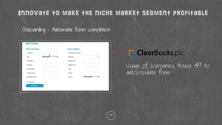 19
Innovate to make the niche market segment profitable
Onboarding - Automate form completion
Usage of Companies House API to
autopopulate form
 