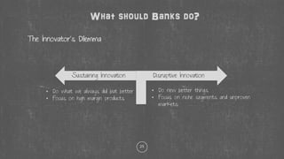 25
What should Banks do?
The Innovator’s Dilemma
Sustaining Innovation Disruptive Innovation
• Do new better things
• Focus on niche segments and unproven
markets
• Do what we always did but better
• Focus on high margin products
 