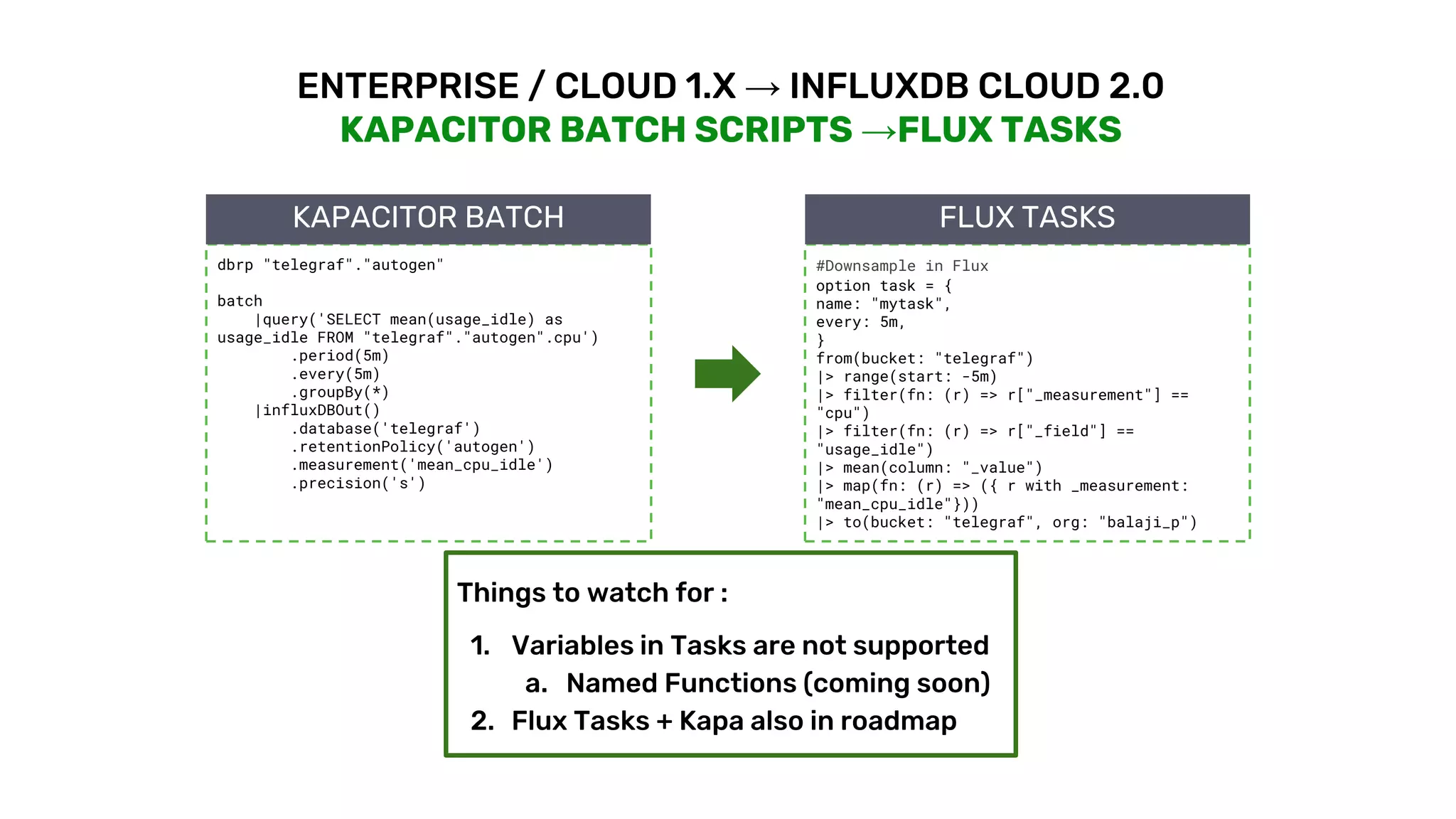 © 2020 InfluxData. All rights reserved. 19
ENTERPRISE / CLOUD 1.X → INFLUXDB CLOUD 2.0
KAPACITOR BATCH SCRIPTS →FLUX TASKS
dbrp "telegraf"."autogen"
batch
|query('SELECT mean(usage_idle) as
usage_idle FROM "telegraf"."autogen".cpu')
.period(5m)
.every(5m)
.groupBy(*)
|influxDBOut()
.database('telegraf')
.retentionPolicy('autogen')
.measurement('mean_cpu_idle')
.precision('s')
#Downsample in Flux
option task = {
name: "mytask",
every: 5m,
}
from(bucket: "telegraf")
|> range(start: -5m)
|> filter(fn: (r) => r["_measurement"] ==
"cpu")
|> filter(fn: (r) => r["_field"] ==
"usage_idle")
|> mean(column: "_value")
|> map(fn: (r) => ({ r with _measurement:
"mean_cpu_idle"}))
|> to(bucket: "telegraf", org: "balaji_p")
KAPACITOR BATCH FLUX TASKS
Things to watch for :
1. Variables in Tasks are not supported
a. Named Functions (coming soon)
2. Flux Tasks + Kapa also in roadmap
 