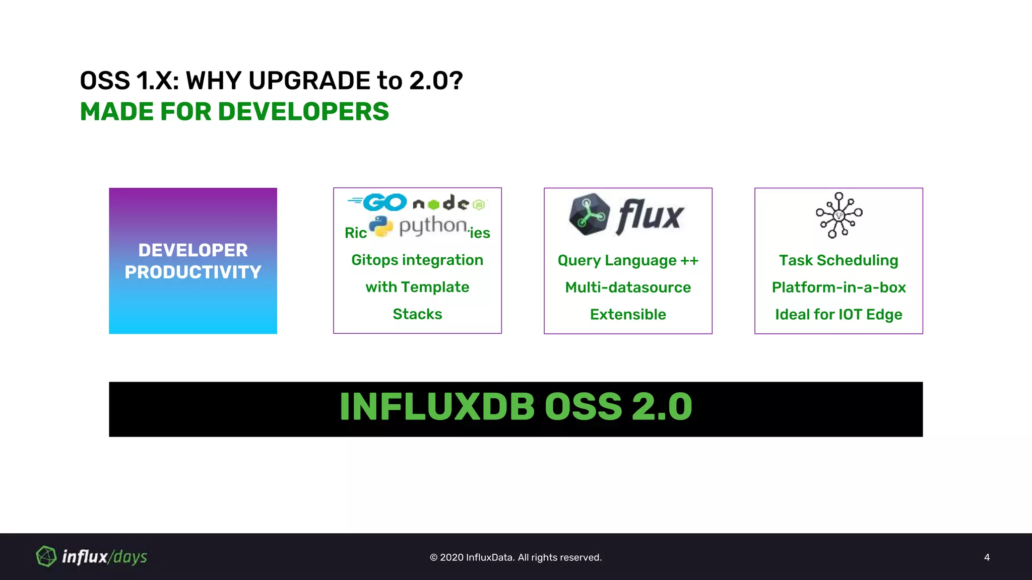 © 2020 InfluxData. All rights reserved. 4
INFLUXDB OSS 2.0
OSS 1.X: WHY UPGRADE to 2.0?
MADE FOR DEVELOPERS
DEVELOPER
PRODUCTIVITY
Query Language ++
Multi-datasource
Extensible
Rich Client Libraries
Gitops integration
with Template
Stacks
Task Scheduling
Platform-in-a-box
Ideal for IOT Edge
 