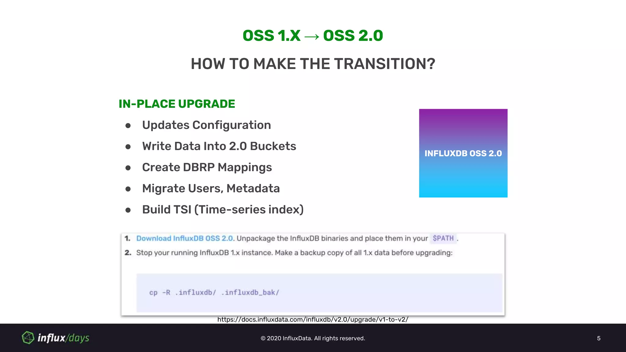© 2020 InfluxData. All rights reserved. 5
OSS 1.X → OSS 2.0
HOW TO MAKE THE TRANSITION?
INFLUXDB OSS 1.XINFLUXDB OSS 2.0
IN-PLACE UPGRADE
● Updates Configuration
● Write Data Into 2.0 Buckets
● Create DBRP Mappings
● Migrate Users, Metadata
● Build TSI (Time-series index)
https://docs.influxdata.com/influxdb/v2.0/upgrade/v1-to-v2/
 