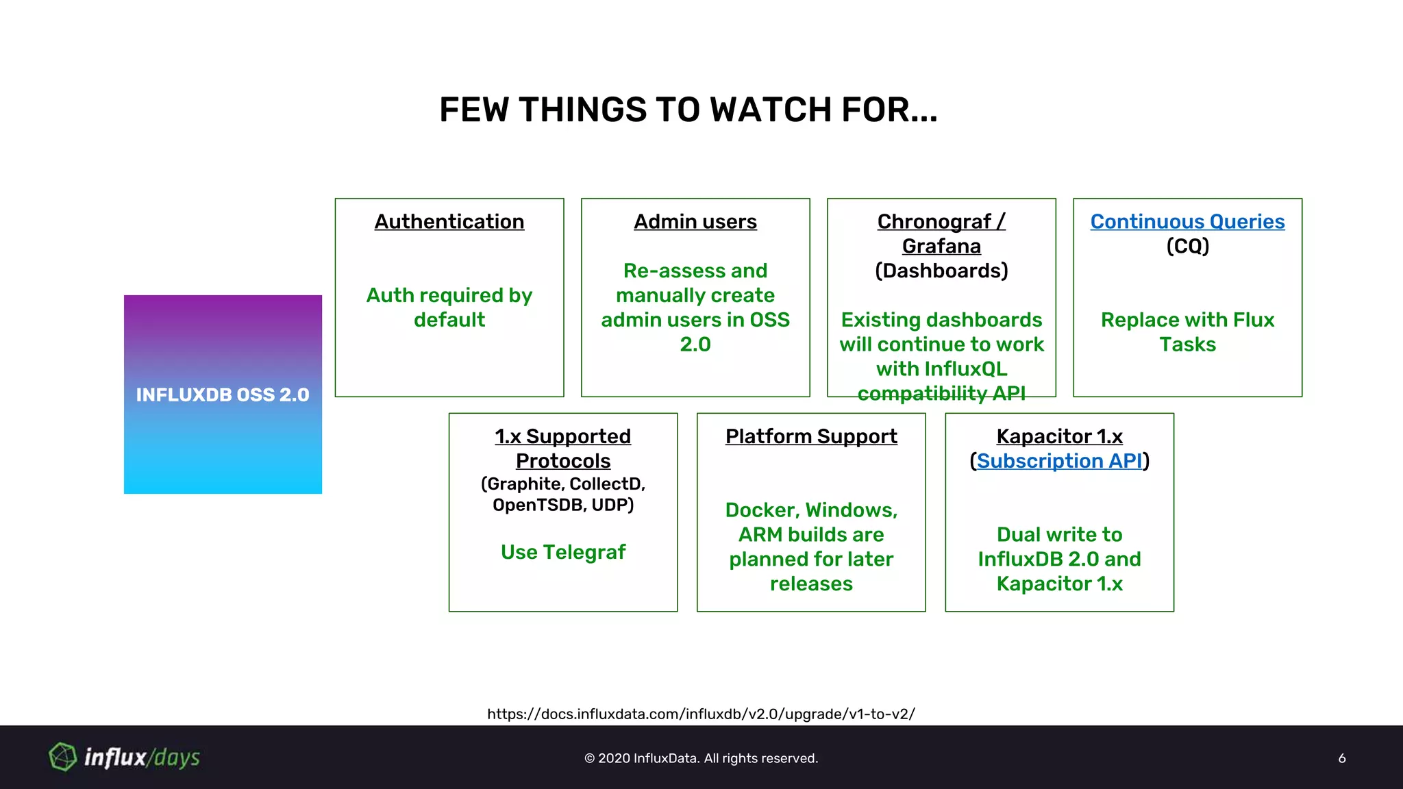 © 2020 InfluxData. All rights reserved. 6
INFLUXDB OSS 1.XINFLUXDB OSS 2.0
Continuous Queries
(CQ)
Replace with Flux
Tasks
1.x Supported
Protocols
(Graphite, CollectD,
OpenTSDB, UDP)
Use Telegraf
Kapacitor 1.x
(Subscription API)
Dual write to
InfluxDB 2.0 and
Kapacitor 1.x
Chronograf /
Grafana
(Dashboards)
Existing dashboards
will continue to work
with InfluxQL
compatibility API
FEW THINGS TO WATCH FOR...
Authentication
Auth required by
default
Admin users
Re-assess and
manually create
admin users in OSS
2.0
Platform Support
Docker, Windows,
ARM builds are
planned for later
releases
https://docs.influxdata.com/influxdb/v2.0/upgrade/v1-to-v2/
 