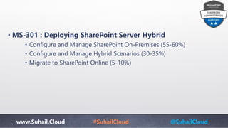 www.Suhail.Cloud #SuhailCloud @SuhailCloud
• MS-301 : Deploying SharePoint Server Hybrid
• Configure and Manage SharePoint On-Premises (55-60%)
• Configure and Manage Hybrid Scenarios (30-35%)
• Migrate to SharePoint Online (5-10%)
 