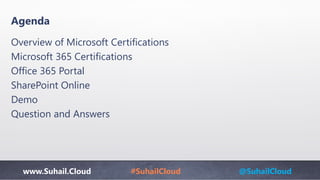www.Suhail.Cloud #SuhailCloud @SuhailCloud
Agenda
Overview of Microsoft Certifications
Microsoft 365 Certifications
Office 365 Portal
SharePoint Online
Demo
Question and Answers
 