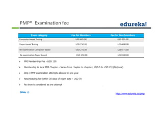 PMP® Examination fee
Slide 10
http://www.edureka.co/pmp
Paper-based Testing USD 250.00 USD 400.00
Re-examination Computer-based USD 275.00 USD 375.00
Re-examination Paper-based USD 150.00 USD 300.00
 PMI Membership Fee - USD 139
 Membership to local PMI Chapter – Varies from chapter to chapter ( USD 5 to USD 15) (Optional)
 Only 3 PMP examination attempts allowed in one year
 Rescheduling fee within 30 days of exam date – USD 70
 No show is considered as one attempt
Exam category Fee for Members Fee for Non Members
Computer-based Testing USD 405.00 USD 555.00
 