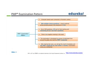  Computer based exam conducted in Prometric centers
 200 multiple-choice questions – mixed randomly
across process groups to be answered in 4 Hrs
 Out of 200 questions, 175 are for final marking and
remaining 25 are “pre-test” questions
 There is no negative marking in the exam
 The examination is developed by groups of individuals from
around the globe who hold the PMP® credential
 After clearing the exam, you will get the result immediately and
the PMP® certificate by mail within 2 months. Examination
scores are confidential
®PMP Examination
Pattern
PMP® Examination Pattern
Slide 13
http://www.edureka.co/pmpPMP®,, ACP® and PMBOK® are registered trademarks of the Project Management Institute, Inc.
 