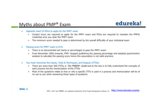 Myths about PMP® Exam
Slide 15
http://www.edureka.co/pmpPMP®,, ACP® and PMBOK® are registered trademarks of the Project Management Institute, Inc.
 Aspirants need 35 PDUs to apply for the PMP® exam
» Contact hours are required to apply for the PMP® exam and PDUs are required to maintain the PMP®
credential once you clear the PMP® exam
» The minimum score needed to pass is determined by the overall difficultly of your individual exam
 Passing score for PMP® exam is 61%
» There is no documented set marks or percentages to pass the PMP® exam
» From November 2005 onwards, PMI® stopped publishing the passing percentage and adopted psychometric
analysis to calculate the passing score hence this assumption is not valid anymore
 You must memorize the Inputs, Tools & Techniques, and Outputs (ITTOs)
» There are more than 500 ITTOs in The PMBOK® Guide and to the key is to fully understand the concepts of
each process not the memorization of the ITTOs
» Most of the questions relate to how or why a specific ITTO is used in a process and memorization will be of
no use to you when answering those types of questions
 
