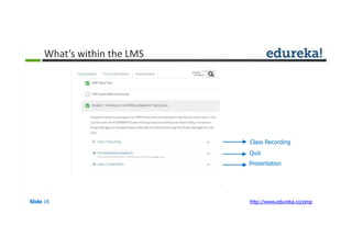What’s within the LMS
Class Recording
Quiz
Presentation
Slide 18 http://www.edureka.co/pmp
 