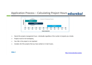 Application Process – Calculating Project Hours
 Record the projects management hours individually regardless of the number of projects you include.
 Projects must be non-overlapping
 Your title in the project is not important
 Consider all of the projects that you have worked on in last 8 years.
Slide 9
http://www.edureka.co/pmp
 